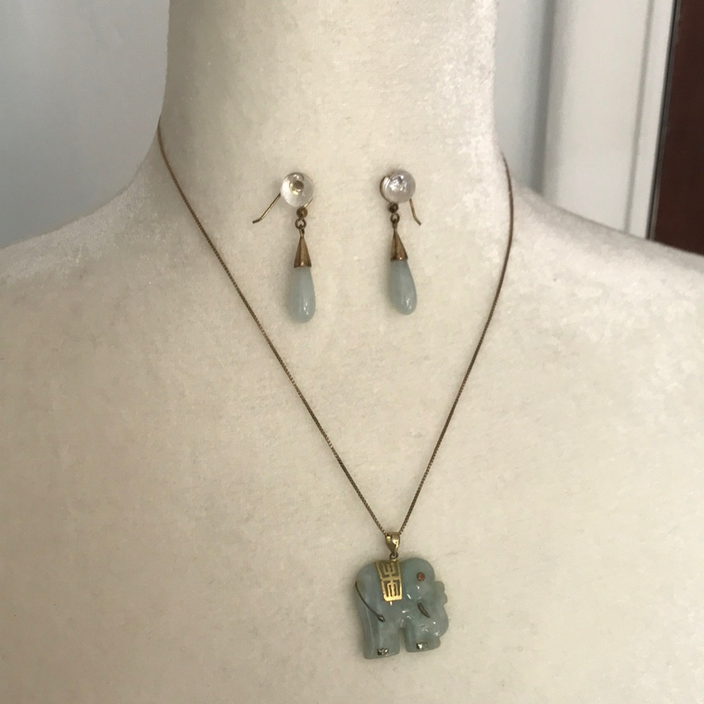 Elephant jade necklace and matching drop jade earrings